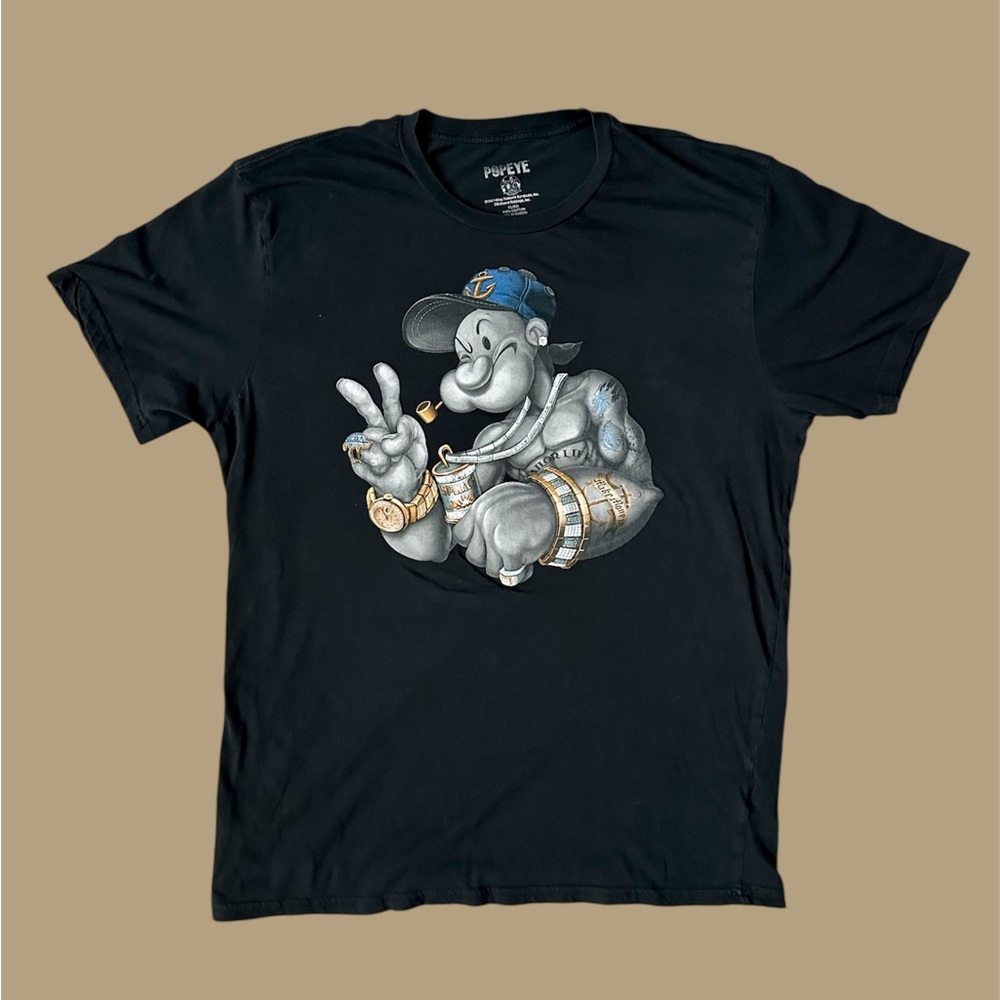 King Features Mens‎ XL Black Popeye Gangster Vintage 2000’s Short Sleeve Tee Y2K